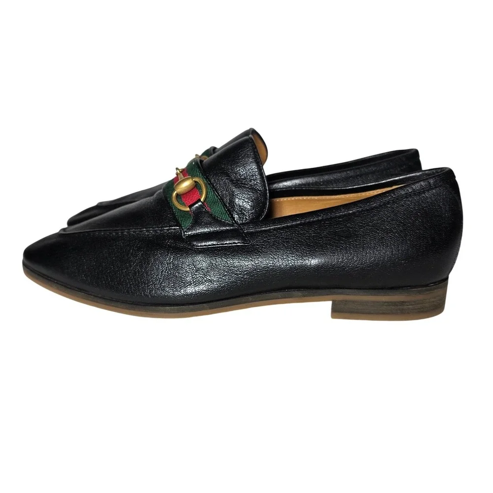 Gucci Jordaan Horsebit Loafers Black Leather Web Stripe 569473 Mens 7.5